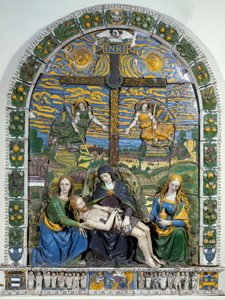 Die Kreuzabnahme (Pieta) Jesus Christus und die Jungfrau Maria umgeben von Johannes und Maria Magdalena vor dem Kreuz mit der Inschrift INRI. Flachreliefkeramik von Giovanni della Robbia (1469-1529)