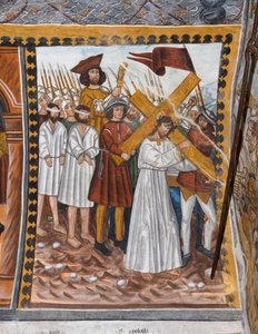 Geschichten der Passion Christi: Jesus geht mit dem Kreuz auf den Kalvarienberg und wird von Cyrenaeus unterstützt von Giovanni di Cherasco Botoneri