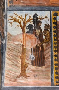 Geschichten der Passion Christi: Judas, nachdem er Jesus für dreißig Denare verraten hat, erhängt sich von Giovanni di Cherasco Botoneri