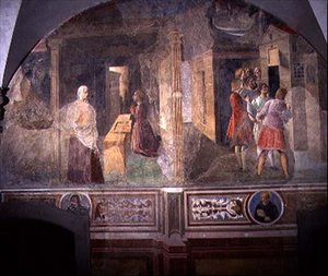 Der heilige Benedikt repariert das zerbrochene Sieb, Detail aus dem Freskenzyklus des Lebens des heiligen Benedikt aus dem Chiostro degli Aranci, ca. 1430er Jahre