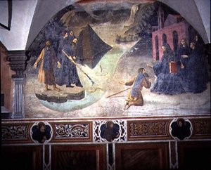 Der heilige Benedikt holt die Axt des Holzfällers aus dem See, Detail aus dem Freskenzyklus des Lebens des heiligen Benedikt aus dem Chiostro degli Aranci, ca. 1430er Jahre von Giovanni di Consalvo (attr. to)