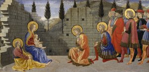 Anbetung der Heiligen Drei Könige, Detail der Geburt und Anbetung der Heiligen Drei Könige, zwischen 1457 und 1459, von Giovanni di Francesco (1412-1459), Tempera auf Holz von Giovanni di Francesco