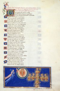 Paradiso, Canto XVIII. Miniatur zeigt Dante und Beatrice vor der Halbfigur von Cacciaguida, der sich am Rand des Himmels des Mars befindet, der die geflügelte Figur des Mars in seiner Mitte hat. Dante wird die acht heiligen Krieger gezeigt, die erscheinen