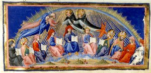 Paradiso, Canto X. Beatrice und Dante schweben neben dem Himmel der Sonne und treffen auf diejenigen, die für ihre Weisheit bekannt sind. Sie werden von St. Thomas von Aquin mit Albertus Magnus begrüßt. Unten sitzen zehn Vertreter der Weisheit; Bede, St. A