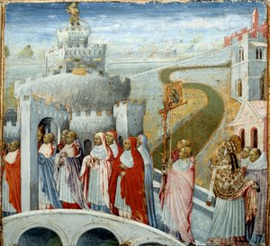 Prozession von Papst Gregor I. genannt der Große oder der Dialog (532-604) am Schloss Sant