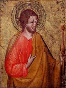 Darstellung des Heiligen Jakobus des Pilgers. Dies ist der Heilige Jakobus der Ältere oder der Heilige Jakobus, Sohn des Zebedäus. Gemälde von Giovanni di Paolo (1395/1400-1482) 15. Jahrhundert. Assisi, Museo del Tesoro della Basilica di San Francesco e Co von Giovanni di Paolo