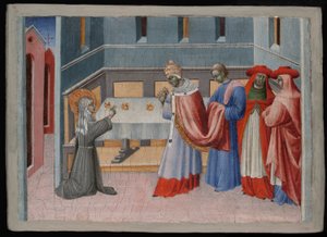 Heilige Klara von Assisi segnet das Brot vor Papst Innozenz IV.