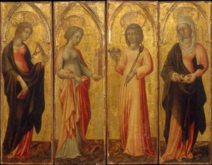 Heilige Katharina von Alexandria, Barbara, Agatha und Margareta, ca. 1470 von Giovanni di Paolo