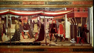 Renaissance-Hochzeitszeremonie Detail des linken Teils des Panels, das die Cassone Adimari dekoriert