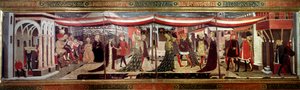 Hochzeitszeremonie in der Renaissance, Panel dekoriert die Cassone Adimari. Hochzeitsszene auf der Piazza del Duomo. Paare im Zug schreiten unter einem Baldachin voran. Gemälde von Giovanni di Ser Giovanni Scheggia (1406-1486)