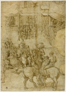 Mythologische Parade (recto); Unleserliche Inschriften und anatomische Studien des Kopfes (verso) von Girolamo Genga