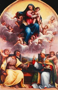 Die Madonna und das Kind in Herrlichkeit mit den Heiligen Petrus und Gregor dem Großen im Streit und Engeln von Girolamo Marchesi da Cotignola