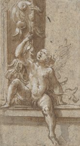 Ein Putto sitzt auf einem Rahmen, ca. 1538-40 von Girolamo Mazzola Bedoli