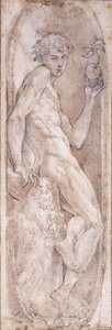 Adam hält einen Apfel, sitzend, in einem Medaillon, ca. 1547-1553