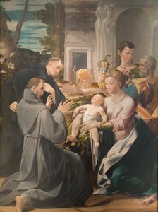 Heilige Familie mit dem heiligen Antonius von Padua, dem heiligen Franziskus von Assisi und dem heiligen Johannes dem Evangelisten von Girolamo Mazzola Bedoli