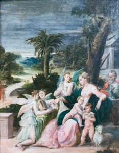 Heilige Familie mit dem Täufer und Engeln von Girolamo Mazzola Bedoli
