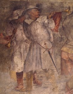 Figur eines Mannes, der Trompete spielt, Detail aus Fresko von Girolamo Romanino, Kirche des Heiligen Antonius, Breno, Italien von Girolamo Romanino