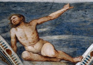 Männlicher Akt, Detail der Fresken von Girolamo Romanino (ca. 1484-nach 1559), im Auftrag von Bernardo Clesio von Girolamo Romanino