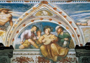 Mandolinenspieler, Detail der Fresken von Girolamo Romanino, im Auftrag von Bernardo Clesio