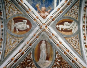 Mosaiknischen und Statuen, Detail der Fresken von Girolamo Romanino, im Auftrag von Bernardo Clesio von Girolamo Romanino