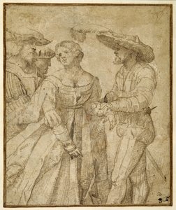 Szene der Galanterie: vier Figuren vor einer Landschaft von Girolamo Romanino