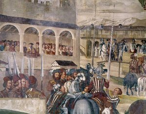 Turnier zu Ehren von Christian I. von Dänemark im Castello di Malpaga, Detail von der linken Seite, 1520-30 von Girolamo Romanino