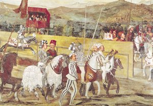 Turnier zu Ehren von Christian I. von Dänemark im Castello di Malpaga im Jahr 1474 (Detail) von Girolamo Romanino