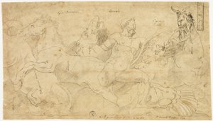 Antikes Relief mit Herkules und den Stuten des Diomedes (recto); Zwei Skizzen: Drapierter Satyr und geflügelte weibliche Figur (verso)