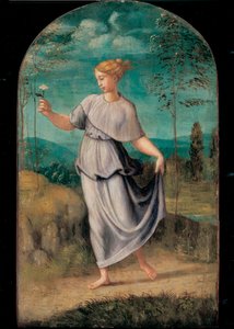Junge Frau mit Blume vor einer weiten Landschaft