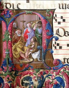 Dekorierter Buchstabe, der Christus beim Füßewaschen darstellt. Miniatur von Girolamo da Cremona und Liberale da Verona aus einem Chorbuch der Kathedrale von Siena. 15. Jahrhundert von Girolamo da Cremona