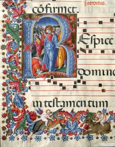 Illuminierte Initiale, die Christus und den Aussätzigen darstellt. Miniatur von Girolamo da Cremona (aktiv um 1451-1483) und Liberale da Verona (1445-1529) aus einem Chorbuch (Cod. 19/4. c.26.) aus der Kathedrale von Siena. 15. Jahrhundert