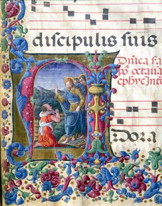 Illuminierte Initiale, die die Vision des Jesaja darstellt. Miniatur von Girolamo da Cremona (aktiv um 1451-1483) und Liberale da Verona (1445-1529) aus einem Chorbuch (Cod. 19/4. c.9v.) aus der Kathedrale von Siena. 15. Jahrhundert