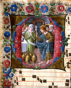 Dekorierter Buchstabe, der die Hochzeit zu Kana darstellt, Miniatur von Girolamo da Cremona und Liberale da Verona aus einem Chorbuch der Kathedrale von Siena von Girolamo da Cremona