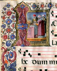 Miniaturszene eines Opfers von Girolamo da Cremona (aktiv um 1451-1483) aus einem Chorbuch (Cod. 10/L. c.114v.) aus der Kathedrale von Siena. 15. Jahrhundert Kathedrale (Duomo) von Siena, Italien von Girolamo da Cremona
