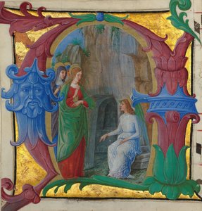 Manuskript-Illumination mit den Heiligen Frauen am Grab in einem Initial A, italienisch, ca. 1490-1500