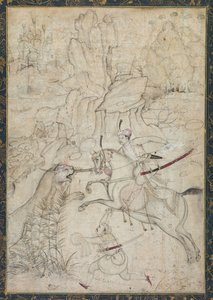 Ein berittener Prinz jagt einen Löwen in einer felsigen Landschaft von Girolamo della Robbia