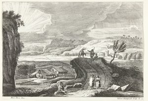 Hügellandschaft mit Pilgern auf dem Weg und Sonnenuntergang. Italienische Landschaften (Serie)