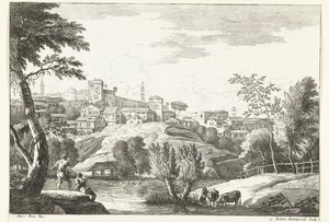 Hügellandschaft mit Stadt und Angler