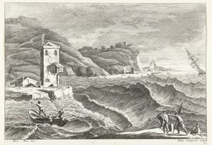 Küstenlandschaft mit Sturm auf See und Leuchtfeuer