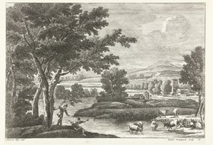 Landschaft mit Hirten und Vieh am Wasser