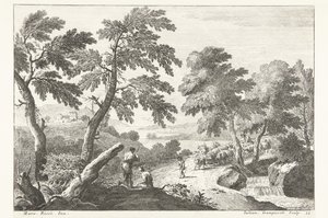 Landschaft mit Hirten auf dem Weg entlang eines kleinen Wasserfalls (Italiaanse landschappen)