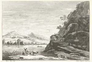 Flusslandschaft mit Haus an Felsen