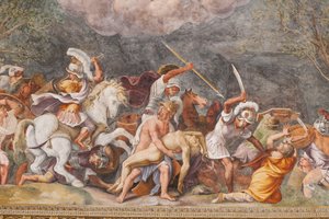 Ajax schützt den Leichnam von Patroklos während der Schlacht von Troja, Das Trojanische Pferd, Kammer von Troja (Sala di Troia)