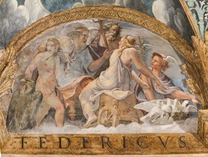 Detail des Gewölbes: Lünette darstellend Venus, die von Zeus die Verfügbarkeit von Merkur erhält, Kammer von Amor und Psyche (Sala di Amore e Psiche) von Giulio (and workshop) Romano