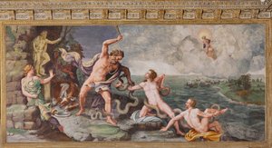 Laokoon und seine Söhne werden von Schlangen angegriffen, Das Trojanische Pferd, Kammer von Troja (Sala di Troia) von Giulio (and workshop) Romano