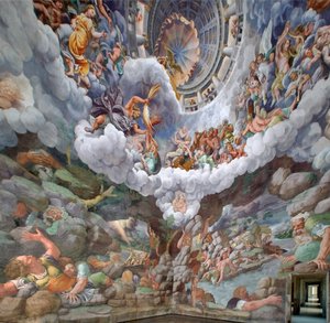 Zeus umgeben von anderen Göttern des Olymp, die Blitze gegen die Giganten werfen und sie zerstören, Gewölbe und die Süd- und Westwände, Kammer der Giganten (Sala dei Giganti) von Giulio (and workshop) Romano