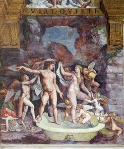 Zimmer der Psyche, Nordwand: Venus und Mars beim Baden; Eros und einige Cupids begleiten das Bad der Göttin (Fresko)