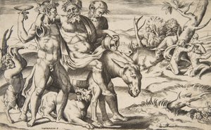 Ein betrunkener Silen reitet auf einem Esel, unterstützt von Satyrn, 1531-76