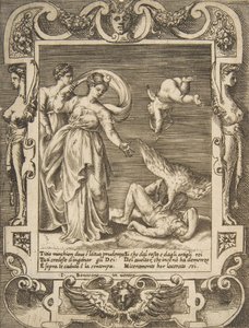 Ein Geier frisst die Eingeweide des Titius, Amor über zwei Frauen links, 1531-76