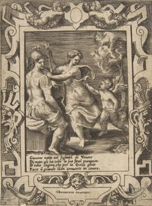 Athena sitzt neben Juno, die Cupidos Pfeile weggenommen hat, in einem aufwendigen Rahmen, 1531-76
